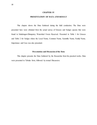 18
CHAPTER IV
PRESENTATION OF DATA AND RESULT
This chapter shows the Data Gathered during the field conduction. The Data were
presented here were obtained from the actual survey of Grasses and Sedges species that were
found in Saladengen-Dimapatoy Watershed Forest Reserved. Presented in Table 1 for Grasses
and Table 2 for Sedges where the Local Name, Common Name, Scientific Name, Family Name,
Importance and Uses was also presented.
Presentation and Discussion of the Data
This chapter presents the Data Gathered by the Researcher from his practical works. Data
were presented in Tabular form, followed by textual Discussion.
 