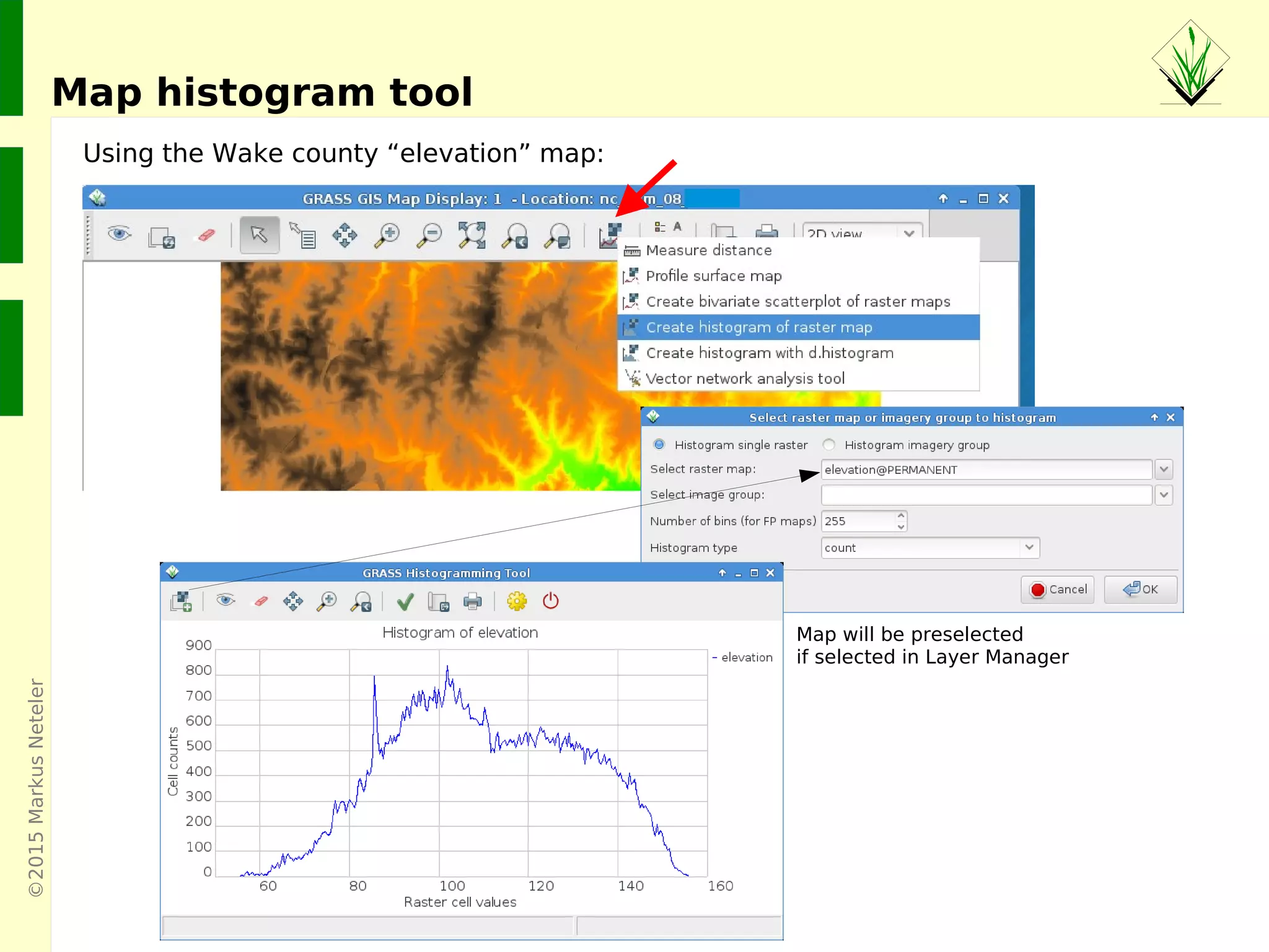 ©2015MarkusNeteler
Map histogram tool
Using the Wake county “elevation” map:
Map will be preselected
if selected in Layer Manager
 