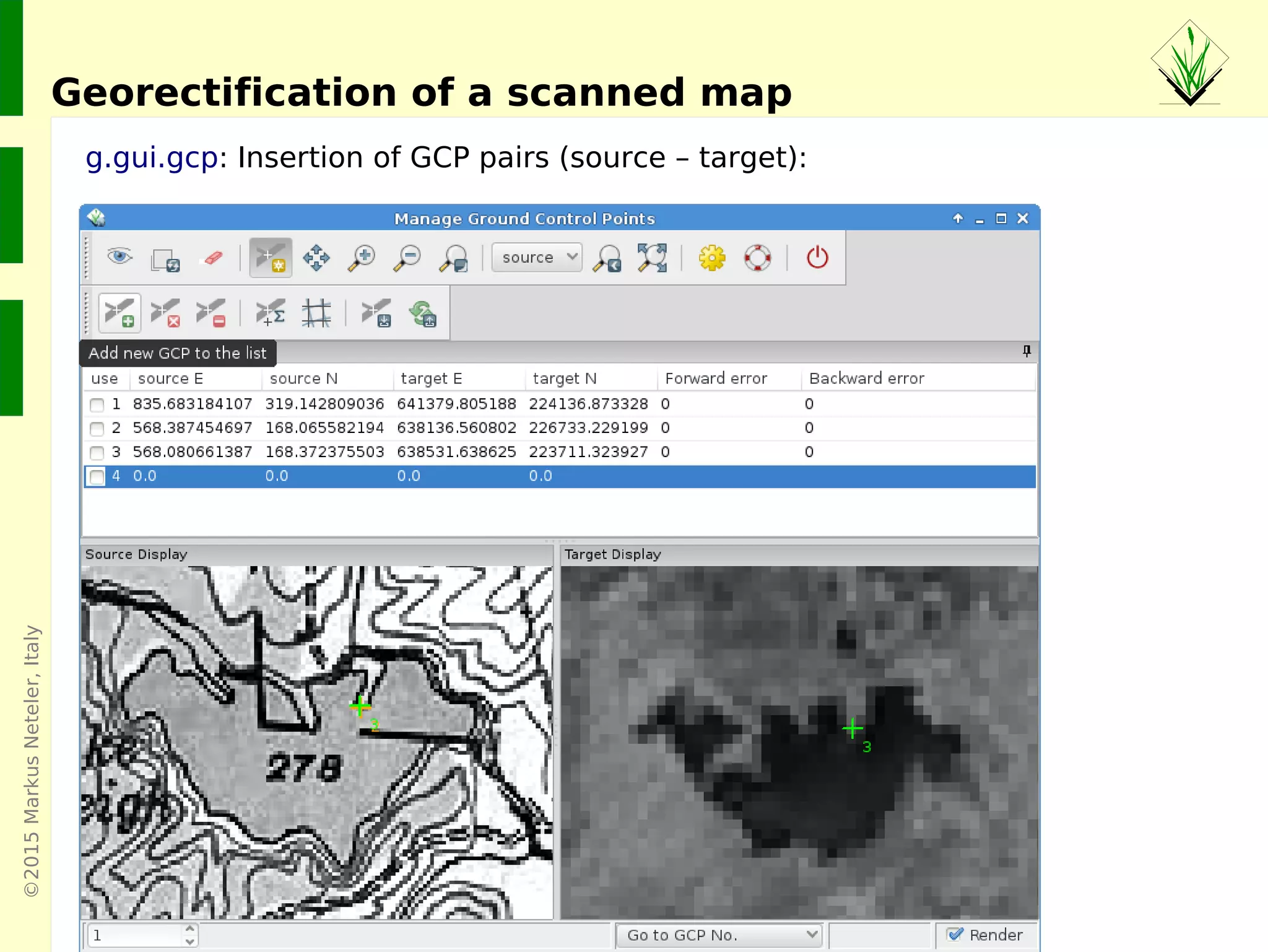 ©2015MarkusNeteler,Italy
g.gui.gcp: Insertion of GCP pairs (source – target):
Georectification of a scanned map
 