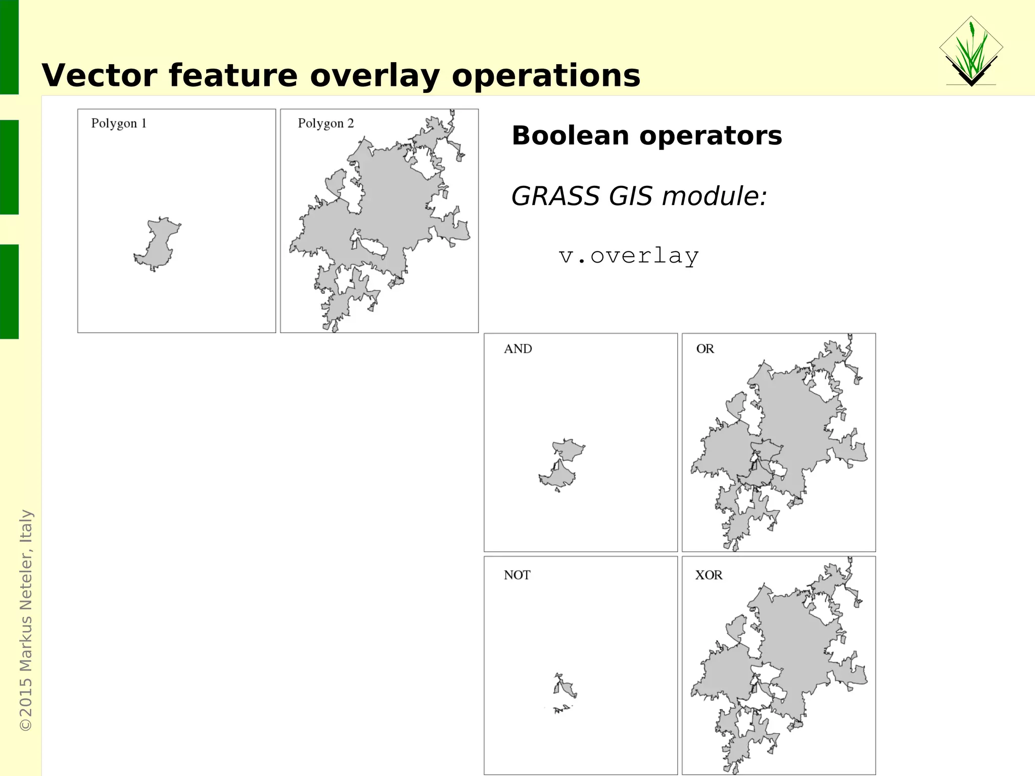 ©2015MarkusNeteler,Italy
CONTAINS
with
points
Vector feature select operations: v.select (GEOS)
CROSSES
with
lines
EQUALS
CONTAINS
with
polygon
WITHINTOUCHES
DISJOINT
INTERSECTS
OVERLAPS
 