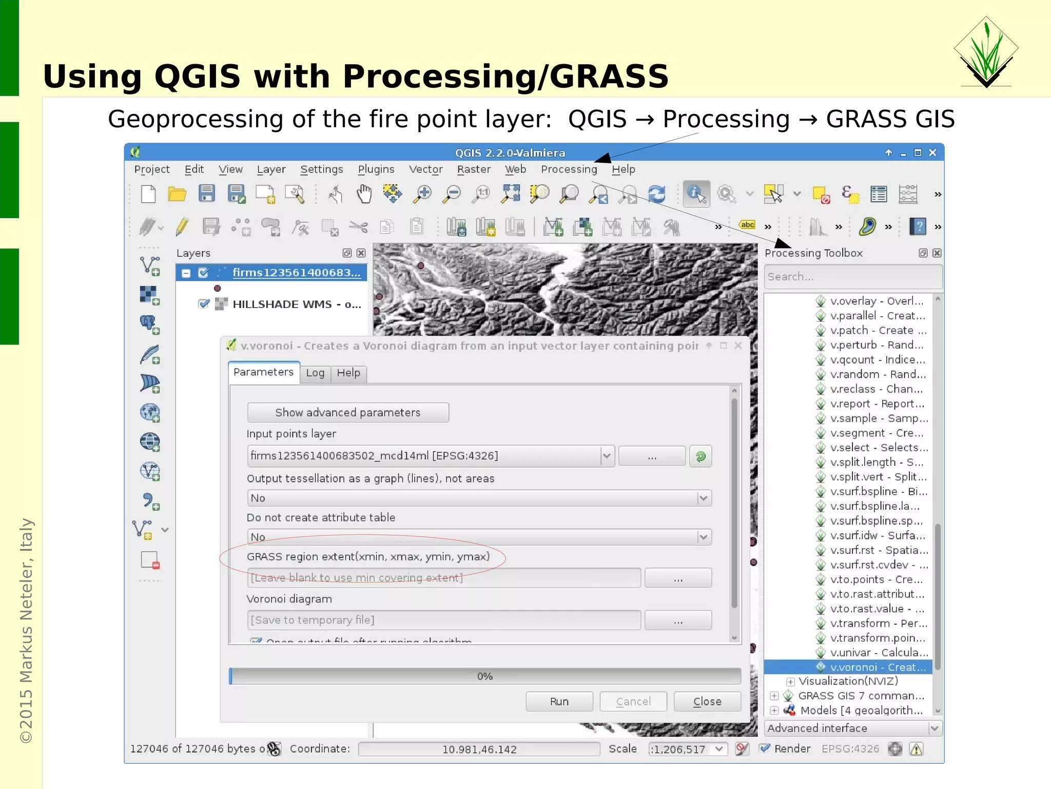 ©2015MarkusNeteler,Italy
The Addons repository is SVN based:
One-click installation with
extension manager
Increasing inflow of Python scripts
Users can easily obtain write access
to develop new functionality
Peer review through SVN commit
email list
Also github, gitlab etc. now supported
https://grass.osgeo.org/grass70/manuals/addons/
GRASS Addons: User contributed extensions
 