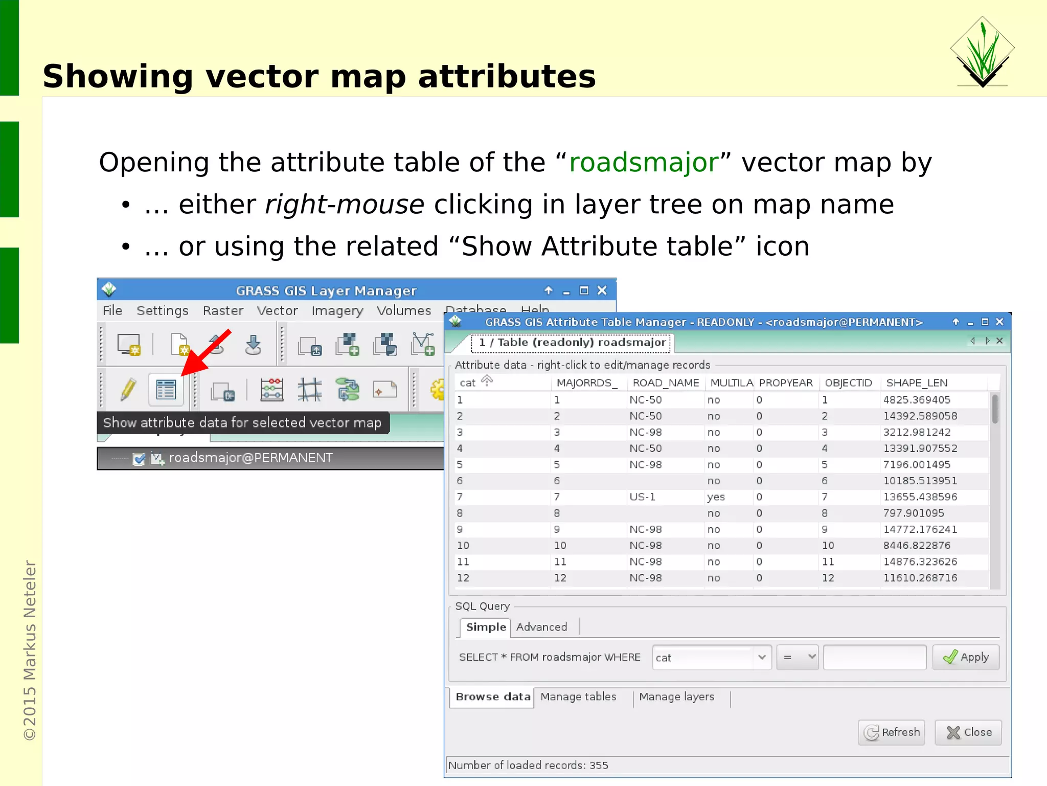 ©2015MarkusNeteler
Opening the attribute table of the “roadsmajor” vector map by
● … either right-mouse clicking in layer tree on map name
● … or using the related “Show Attribute table” icon
Showing vector map attributes
 