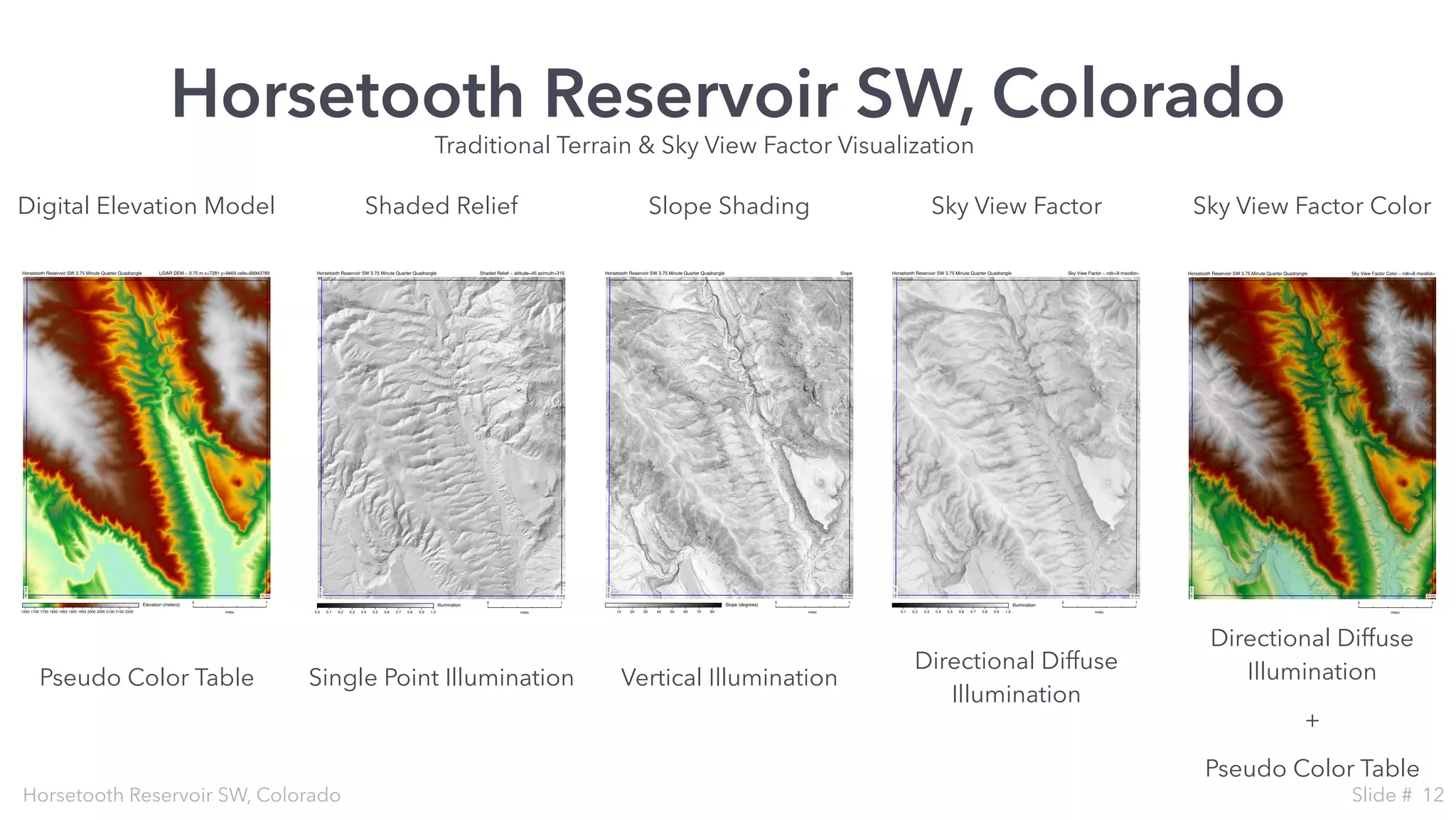 Horsetooth Reservoir SW, Colorado
40:30N
105:15W
Elevation (meters)
Horsetooth Reservoir SW 3.75 Minute Quarter Quadrangle LiDAR DEM − 0.75 m x=7281 y=9469 cells=68943789
0 1
miles1650 1700 1750 1800 1850 1900 1950 2000 2050 2100 2150 2200
Traditional Terrain & Sky View Factor Visualization
40:30N
105:15W
Illumination
Horsetooth Reservoir SW 3.75 Minute Quarter Quadrangle Shaded Relief − altitude=45 azimuth=315
0 1
miles0.0 0.1 0.2 0.3 0.4 0.5 0.6 0.7 0.8 0.9 1.0
40:30N
105:15W
Illumination
Horsetooth Reservoir SW 3.75 Minute Quarter Quadrangle Sky View Factor − ndir=8 maxdist=
0 1
miles0.1 0.2 0.3 0.4 0.5 0.6 0.7 0.8 0.9 1.0
40:30N
105:15W
Slope (degrees)
Horsetooth Reservoir SW 3.75 Minute Quarter Quadrangle Slope
0 1
miles10 20 30 40 50 60 70 80
Horsetooth Reservoir SW, Colorado Slide # 12
40:30N
105:15W
Horsetooth Reservoir SW 3.75 Minute Quarter Quadrangle Sky View Factor Color − ndir=8 maxdist=
0 1
miles
Shaded ReliefDigital Elevation Model Slope Shading Sky View Factor Sky View Factor Color
Pseudo Color Table Single Point Illumination
Directional Diffuse
Illumination
Directional Diffuse
Illumination
+
Pseudo Color Table
Vertical Illumination
 