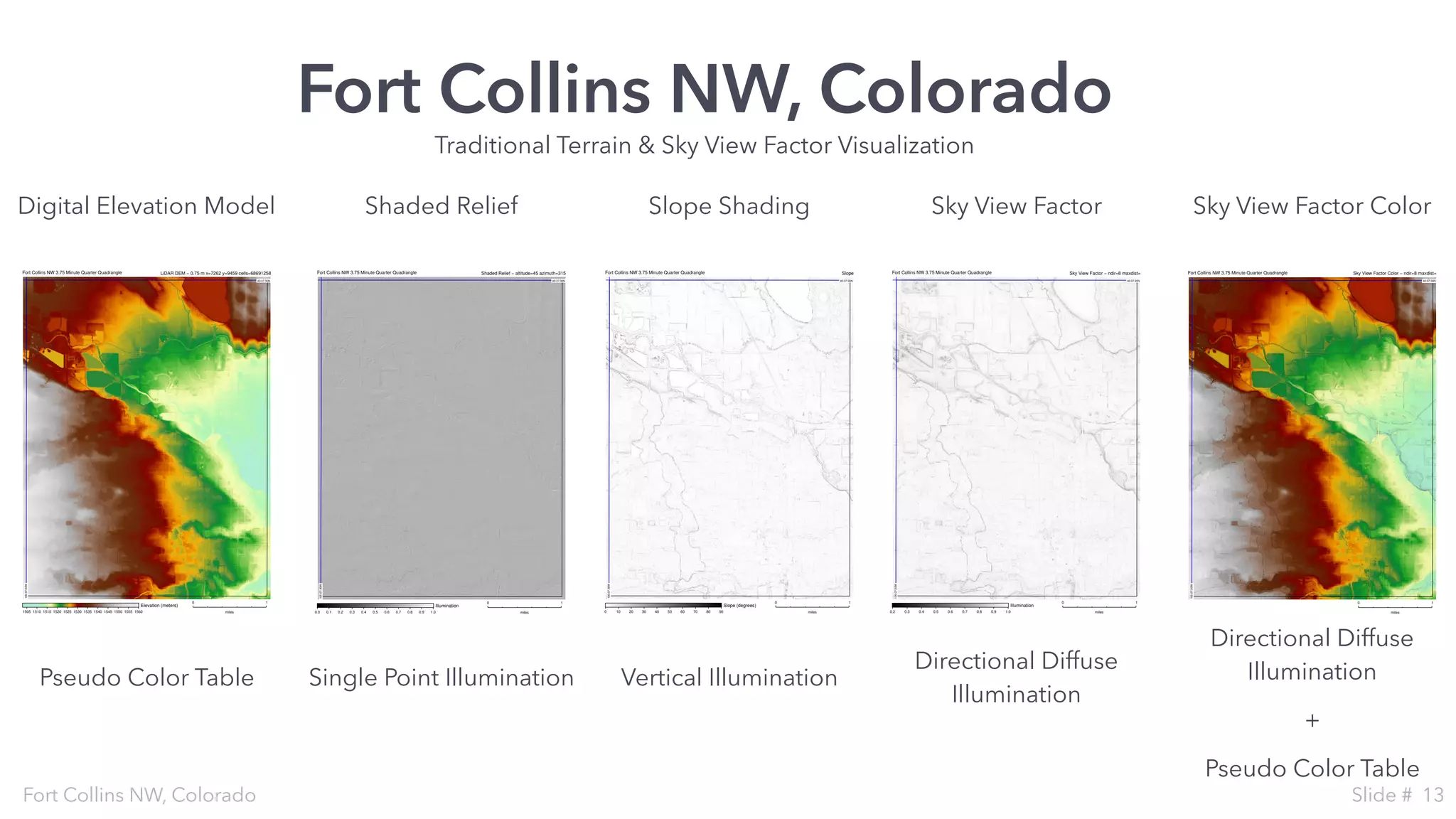 Fort Collins NW, Colorado
40:37:30N
105:07:30W
Elevation (meters)
Fort Collins NW 3.75 Minute Quarter Quadrangle LiDAR DEM − 0.75 m x=7262 y=9459 cells=68691258
0 1
miles1505 1510 1515 1520 1525 1530 1535 1540 1545 1550 1555 1560
Traditional Terrain & Sky View Factor Visualization
40:37:30N
105:07:30W
Illumination
Fort Collins NW 3.75 Minute Quarter Quadrangle Shaded Relief − altitude=45 azimuth=315
0 1
miles0.0 0.1 0.2 0.3 0.4 0.5 0.6 0.7 0.8 0.9 1.0
40:37:30N
105:07:30W
Illumination
Fort Collins NW 3.75 Minute Quarter Quadrangle Sky View Factor − ndir=8 maxdist=
0 1
miles0.2 0.3 0.4 0.5 0.6 0.7 0.8 0.9 1.0
40:37:30N
105:07:30W
Slope (degrees)
Fort Collins NW 3.75 Minute Quarter Quadrangle Slope
0 1
miles0 10 20 30 40 50 60 70 80 90
Fort Collins NW, Colorado Slide # 13
40:37:30N
105:07:30W
Fort Collins NW 3.75 Minute Quarter Quadrangle Sky View Factor Color − ndir=8 maxdist=
0 1
miles
Shaded ReliefDigital Elevation Model Slope Shading Sky View Factor Sky View Factor Color
Pseudo Color Table Single Point Illumination
Directional Diffuse
Illumination
Directional Diffuse
Illumination
+
Pseudo Color Table
Vertical Illumination
 