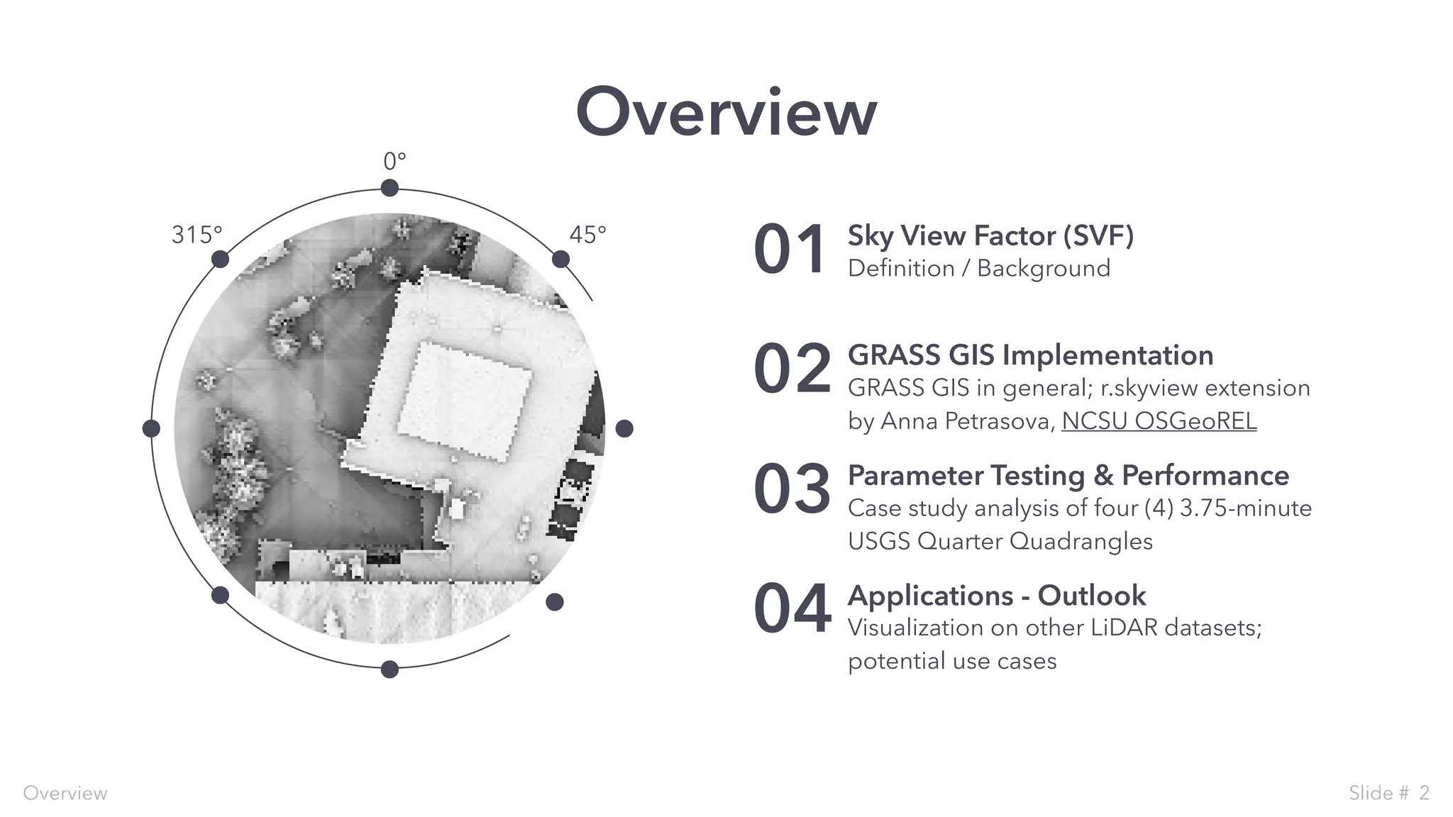 Overview
Sky View Factor (SVF)
Deﬁnition / Background01
GRASS GIS Implementation
GRASS GIS in general; r.skyview extension
by Anna Petrasova, NCSU OSGeoREL
02
Applications - Outlook
Visualization on other LiDAR datasets;
potential use cases
04
Parameter Testing & Performance
Case study analysis of four (4) 3.75-minute
USGS Quarter Quadrangles
03
Overview Slide # 2
0°
45°315°
 