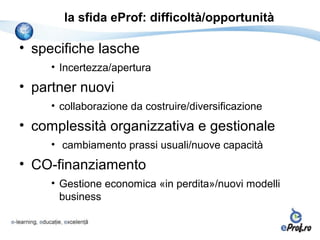 la sfida eProf: difficoltà/opportunità

• specifiche lasche
     • Incertezza/apertura
• partner nuovi
     • collaborazione da costruire/diversificazione
• complessità organizzativa e gestionale
     • cambiamento prassi usuali/nuove capacità
• CO-finanziamento
     • Gestione economica «in perdita»/nuovi modelli
       business
 