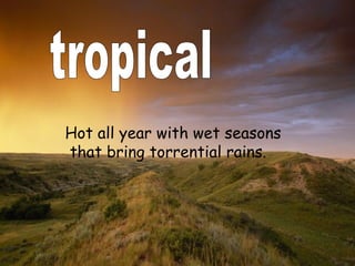 tropical Hot all year with wet seasons that bring torrential rains. 