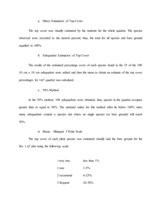 a. Direct Estimation of Top Cover
The top cover was visually estimated by the students for the whole quadrat. The species
observed were recorded to the nearest percent, thus, the total for all species and bare ground
equalled to 100%.
b. Subquadrat Estimation of Top Cover
The results of the estimated percentage cover of each species found in the 25 of the 100
10 cm x 10 cm subquadrat were added and then the mean to obtain an estimate of the top cover
percentages for 1𝑚2
quadrat was calculated.
c. 50% Method
In the 50% method, 100 subquadrats were obtained, thus, species in the quadrat occupies
greater than or equal to 50%. The summed values for this method often lie below 100% since
many subquadrats contain a species mix where no single species (or bare ground) will reach
50%.
d. Braun – Blanquet 5 Point Scale
The top cover of each plant species was estimated visually and the bare ground for the
five 1 m2 plot using the following scale:
+very rare less than 1%
1 rare 1-5%
2 occasional 6-25%
3 frequent 26-50%
 