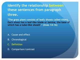 Identify the relationship between these sentences from paragraph three."The grass plant consists of leafy shoots called tillers.Each shoot has a leaf-like blade or lamina, the base of which has a tube-like sheath." (lines 14-16)Cause and effect	ChronologicalDefinitionComparison/contrast	