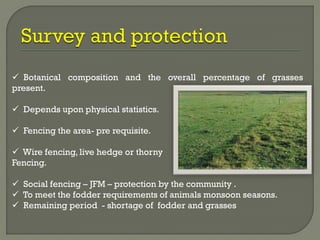  Botanical composition and the overall percentage of grasses
present.
 Depends upon physical statistics.
 Fencing the area- pre requisite.
 Wire fencing, live hedge or thorny
Fencing.
 Social fencing – JFM – protection by the community .
 To meet the fodder requirements of animals monsoon seasons.
 Remaining period - shortage of fodder and grasses
 