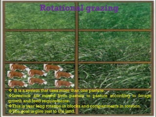  It is a system that uses more than one pasture.
Livestock are moved from pasture to pasture according to forage
growth and feed requirements.
This is year long rotation in blocks and compartments in rotation.
The goal is give rest to the land.
 
