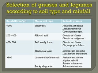 Rainfall(mm/yr) Major soil type Suitable grasses
<200 Sandy soil Panicum antidotale
Lasiurus sindicus
Cymbopogon spp.
200 - 400 Alluvial soil Cenchrus ciliaris
Cenchrus setigenus
400- 600 Red sandy loam
Black clay loam
Cenchrus ciliaris
Chrysopogon fulvus
Heteropogon
Contortus
Dicanthium annulatum
>600 Loam to clay loam soil
Rocky degraded
Pasicum maximum
Napier hybrid
Setaria sphacelata
Sehima nervosum
 