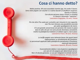 Cosa ci hanno detto?
Molto positiva. Mi sono accordato tramite app. Ho svolto il lavoro.
Sono stato pagato con voucher e ci siamo lasciati un feedback reciproco.
Questo è il futuro.
Con alcune persone siamo rimasti in contatto
e il lavoro è diventato "ripetitivo".
Lavoratore Gogojobo, 32 anni, Trieste
Più che altro l'ho usata per curiosità e per misurare le mie capacità,
non l'ho mai ritenuta una possibilità concreta
per poter guadagnarsi da vivere.
C'è una grande concorrenza con persone che vivono in paesi
dove le cifre che per noi sono piccole diventano consistenti.
Inoltre la piattaforma trattiene un dollaro ogni 5, non è poco.
Lavoratrice Fiverr, 44 anni, Vicenza
Le tariffe pagate sono talmente basse che questi lavori
rappresentano un sfruttamento dei freelance.
Le percentuali applicate dalle piattaforme penalizzano il freelance,
meno gli inserzionisti.
Lavoratore Upwork, 60 anni, Firenze
Essenzialmente dedico 1 ora al giorno a guadagnare
con vari siti che pagano per determinati servizi.
Non c’è alcuna garanzia. Lo uso per integrare le entrate mensili.
Lavoratore ClixSense, 47 anni, Sassari
 