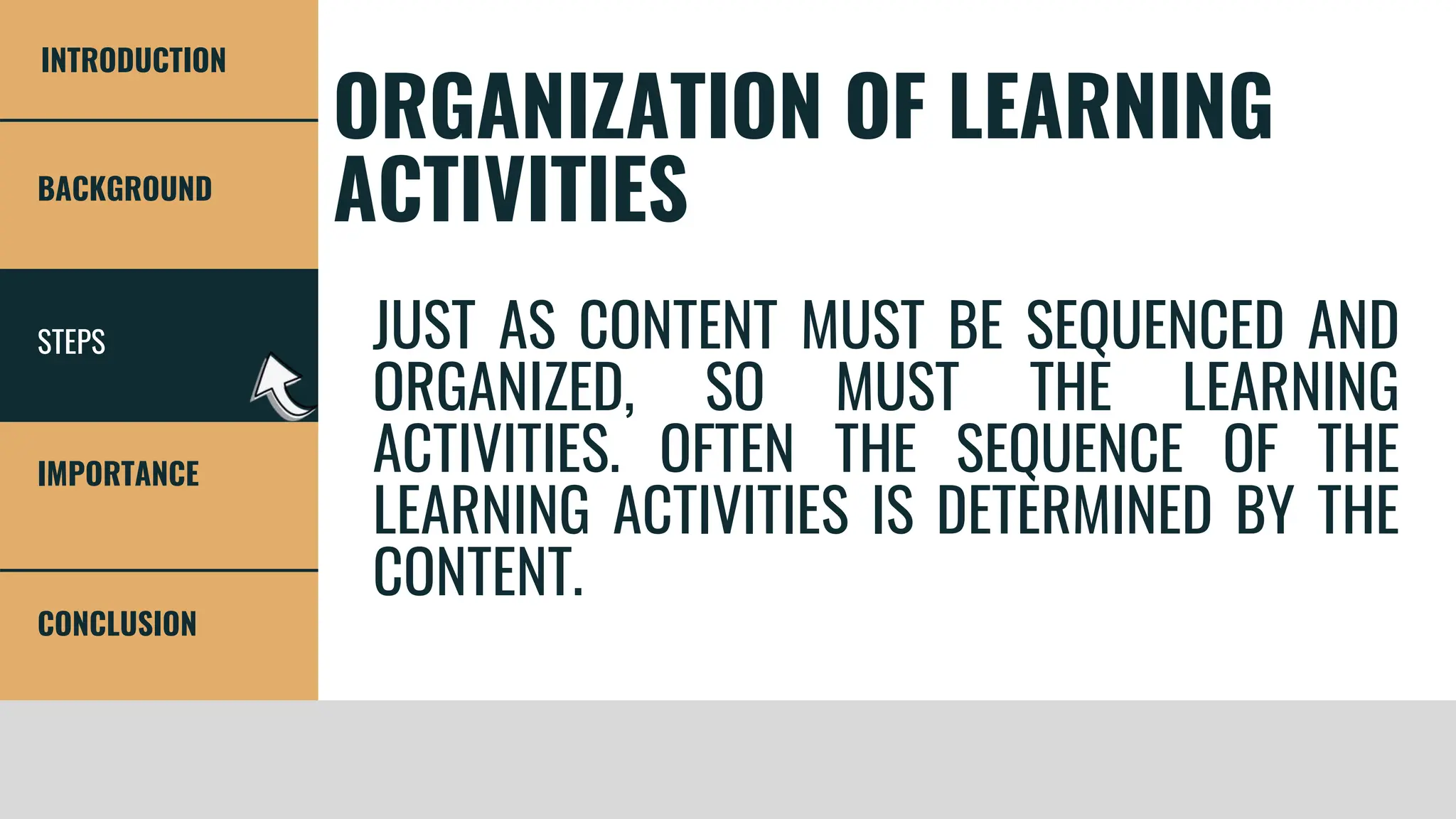 STEPS
BACKGROUND
IMPORTANCE
CONCLUSION
INTRODUCTION
ORGANIZATION OF LEARNING
ACTIVITIES
JUST AS CONTENT MUST BE SEQUENCED AND
ORGANIZED, SO MUST THE LEARNING
ACTIVITIES. OFTEN THE SEQUENCE OF THE
LEARNING ACTIVITIES IS DETERMINED BY THE
CONTENT.
 