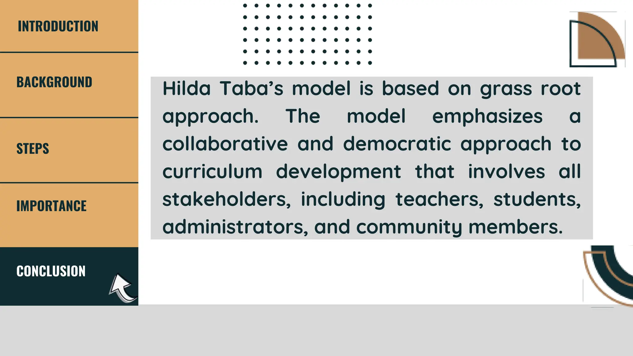 IMPORTANCE
STEPS
BACKGROUND
CONCLUSION
INTRODUCTION
Hilda Taba’s model is based on grass root
approach. The model emphasizes a
collaborative and democratic approach to
curriculum development that involves all
stakeholders, including teachers, students,
administrators, and community members.
 