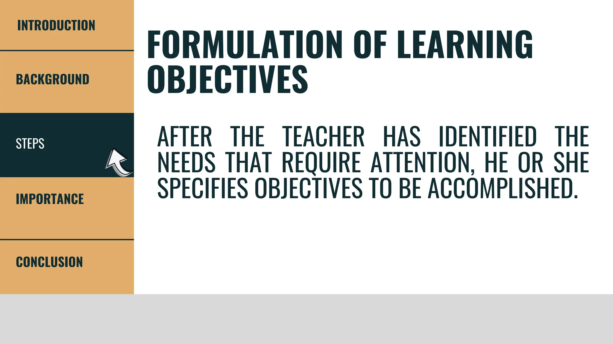 STEPS
BACKGROUND
IMPORTANCE
CONCLUSION
INTRODUCTION
FORMULATION OF LEARNING
OBJECTIVES
AFTER THE TEACHER HAS IDENTIFIED THE
NEEDS THAT REQUIRE ATTENTION, HE OR SHE
SPECIFIES OBJECTIVES TO BE ACCOMPLISHED.
 
