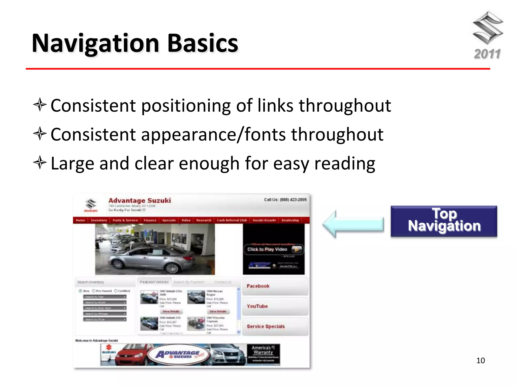 Navigation Basics                                     2011



Consistent positioning of links throughout
Consistent appearance/fonts throughout
Large and clear enough for easy reading

                                                 Top
                                              Navigation




                                                       10
 