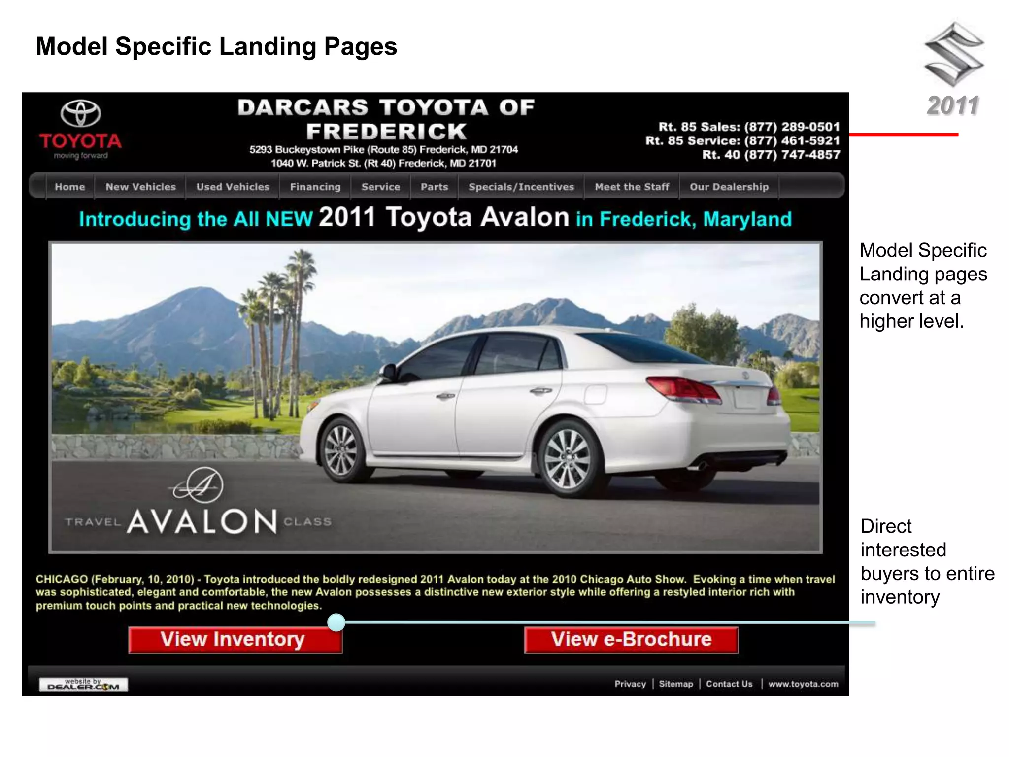 Model Specific Landing Pages

                                      2011




                               Model Specific
                               Landing pages
                               convert at a
                               higher level.




                               Direct
                               interested
                               buyers to entire
                               inventory
 