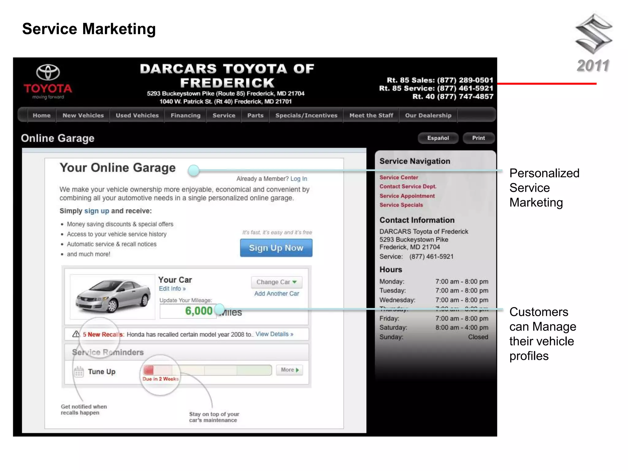 Service Marketing

                                2011




                    Personalized
                    Service
                    Marketing




                    Customers
                    can Manage
                    their vehicle
                    profiles
 