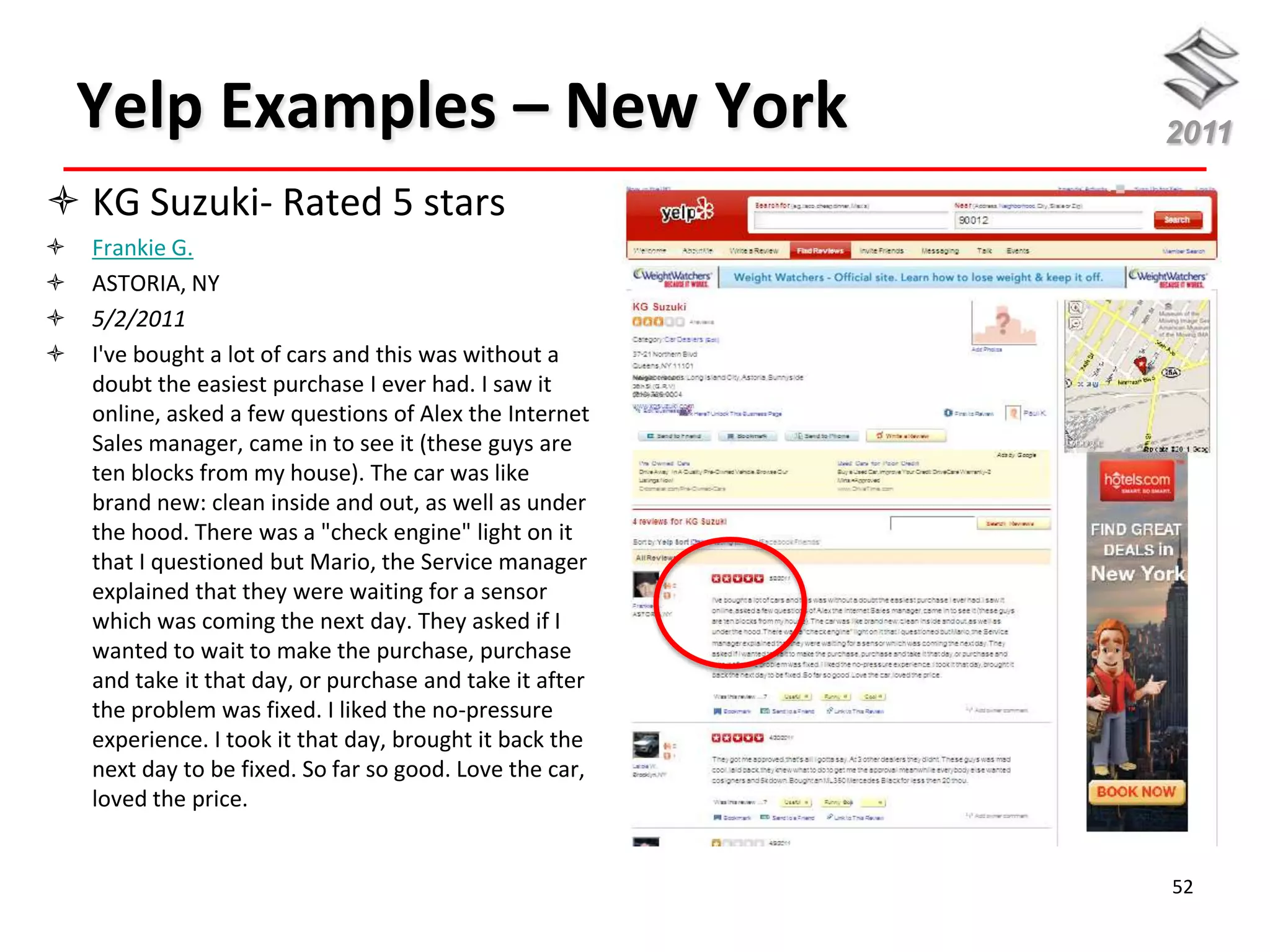 Yelp Examples – New York                              2011

 KG Suzuki- Rated 5 stars
   Frankie G.
   ASTORIA, NY
   5/2/2011
   I've bought a lot of cars and this was without a
    doubt the easiest purchase I ever had. I saw it
    online, asked a few questions of Alex the Internet
    Sales manager, came in to see it (these guys are
    ten blocks from my house). The car was like
    brand new: clean inside and out, as well as under
    the hood. There was a "check engine" light on it
    that I questioned but Mario, the Service manager
    explained that they were waiting for a sensor
    which was coming the next day. They asked if I
    wanted to wait to make the purchase, purchase
    and take it that day, or purchase and take it after
    the problem was fixed. I liked the no-pressure
    experience. I took it that day, brought it back the
    next day to be fixed. So far so good. Love the car,
    loved the price.


                                                          52
 