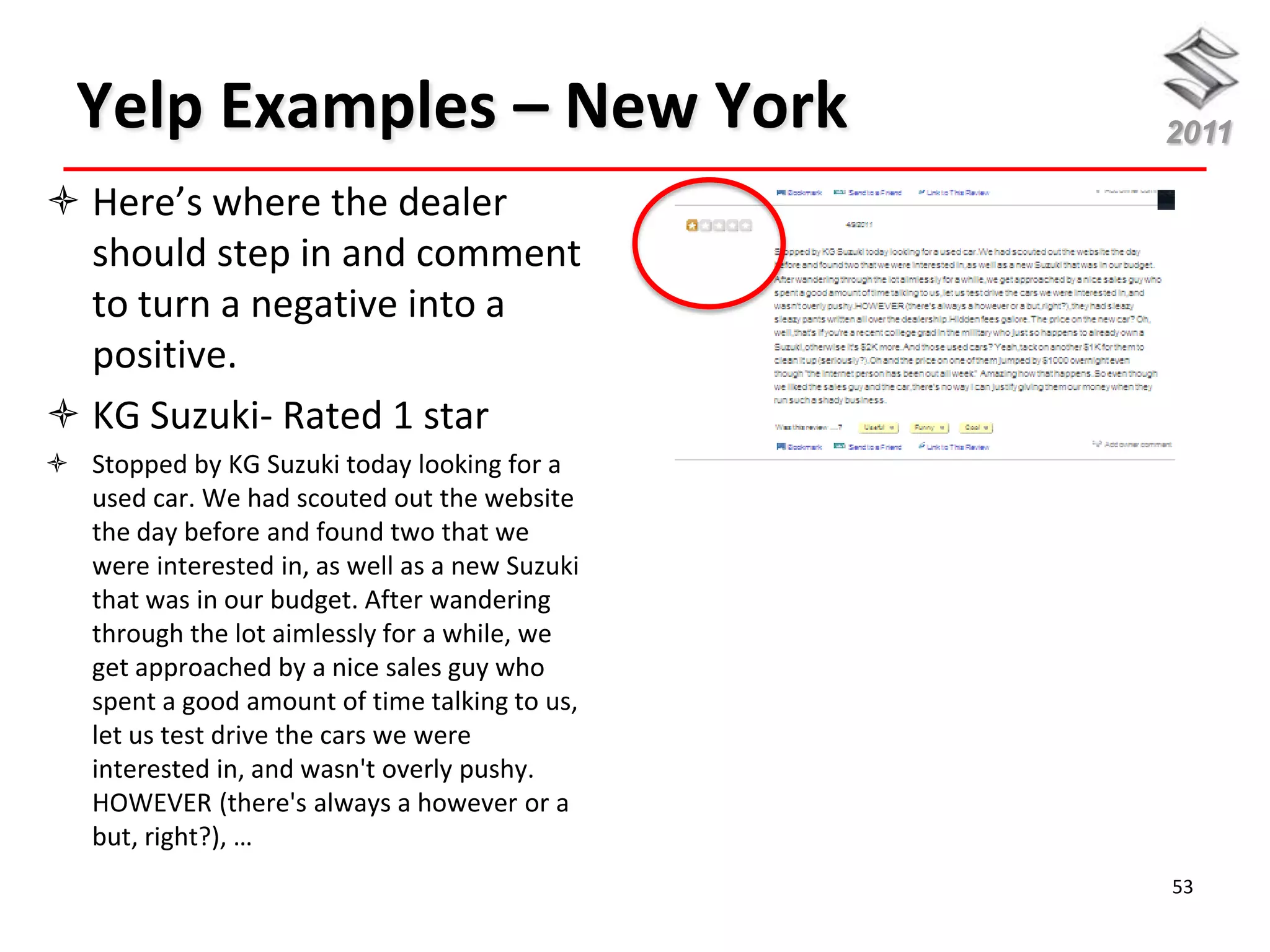 Yelp Examples – New York                      2011

 Here’s where the dealer
  should step in and comment
  to turn a negative into a
  positive.
 KG Suzuki- Rated 1 star
 Stopped by KG Suzuki today looking for a
  used car. We had scouted out the website
  the day before and found two that we
  were interested in, as well as a new Suzuki
  that was in our budget. After wandering
  through the lot aimlessly for a while, we
  get approached by a nice sales guy who
  spent a good amount of time talking to us,
  let us test drive the cars we were
  interested in, and wasn't overly pushy.
  HOWEVER (there's always a however or a
  but, right?), …
                                                53
 