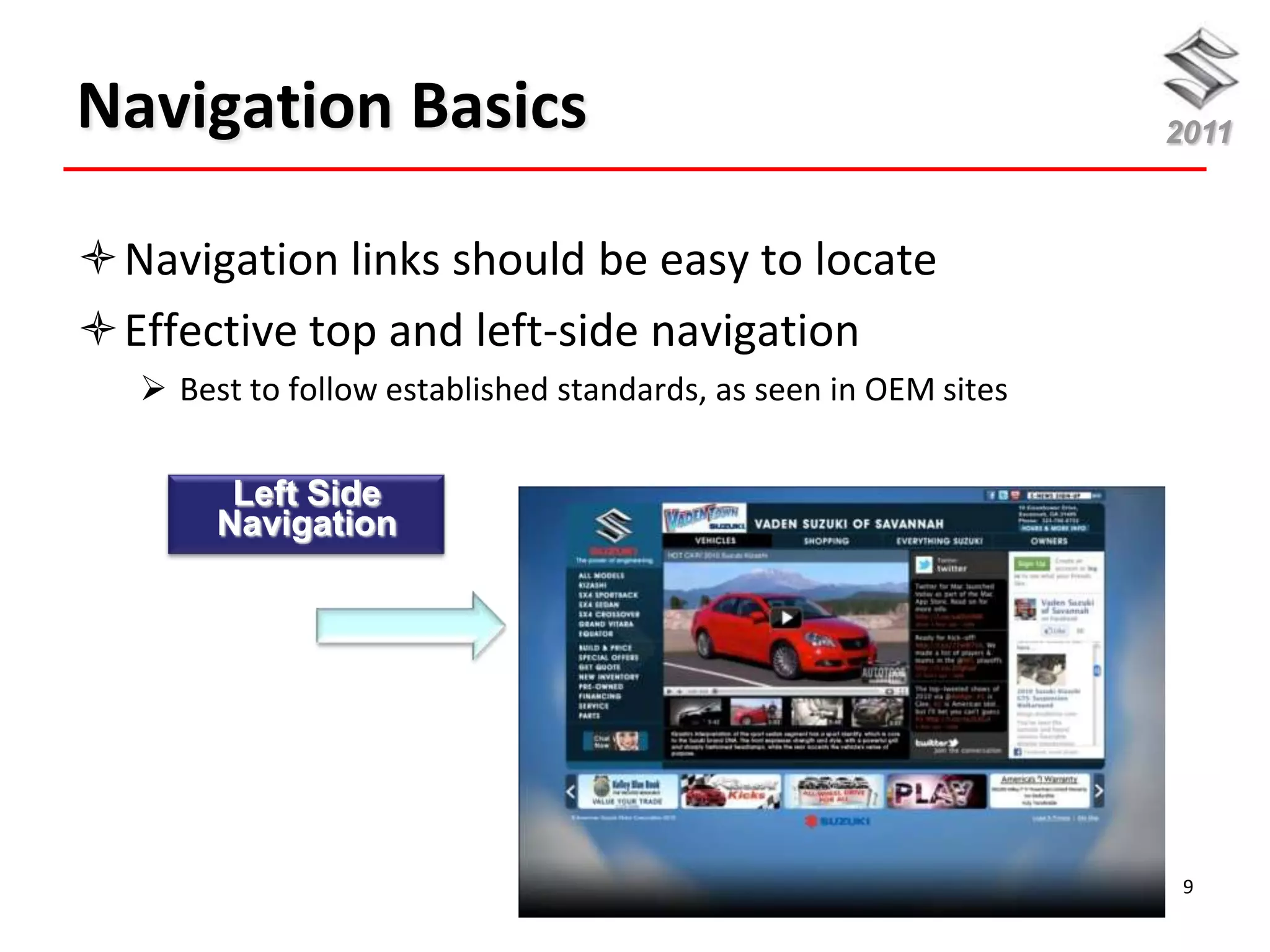 Navigation Basics                                                 2011



Navigation links should be easy to locate
Effective top and left-side navigation
    Best to follow established standards, as seen in OEM sites

         Left Side
        Navigation




                                                                   9
 