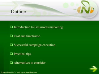 Introduction to Grassroots marketing Cost and timeframe Successful campaign execution Practical tips Alternatives to consider Outline 