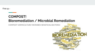 COMPOST!
Bioremediation / Microbial Remediation
COMPOST! VERMICULTURE! MICROBES! BENEFICIAL BACTERIA!
First up -
 