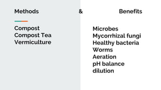Compost
Compost Tea
Vermiculture
Microbes
Mycorrhizal fungi
Healthy bacteria
Worms
Aeration
pH balance
dilution
Methods & Benefits
 