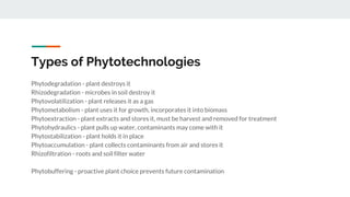 Types of Phytotechnologies
Phytodegradation - plant destroys it
Rhizodegradation - microbes in soil destroy it
Phytovolatilization - plant releases it as a gas
Phytometabolism - plant uses it for growth, incorporates it into biomass
Phytoextraction - plant extracts and stores it, must be harvest and removed for treatment
Phytohydraulics - plant pulls up water, contaminants may come with it
Phytostabilization - plant holds it in place
Phytoaccumulation - plant collects contaminants from air and stores it
Rhizofiltration - roots and soil filter water
Phytobuffering - proactive plant choice prevents future contamination
 