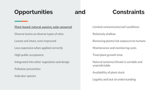 Limited contaminants/soil conditions
Relatively shallow
Removing plants/risk exposure to humans
Maintenance and monitoring costs
Time/plant growth time
Natural systems/climate is variable and
unpredictable
Availability of plant stock
Legality and lack of understanding
Opportunities and Constraints
Plant-based: natural, passive, solar-powered
Diverse toxins on diverse types of sites
Leaves soil intact, even improved
Less expensive when applied correctly
High public acceptance
Integrated into other vegetation and design
Pollution prevention
Indicator species
 