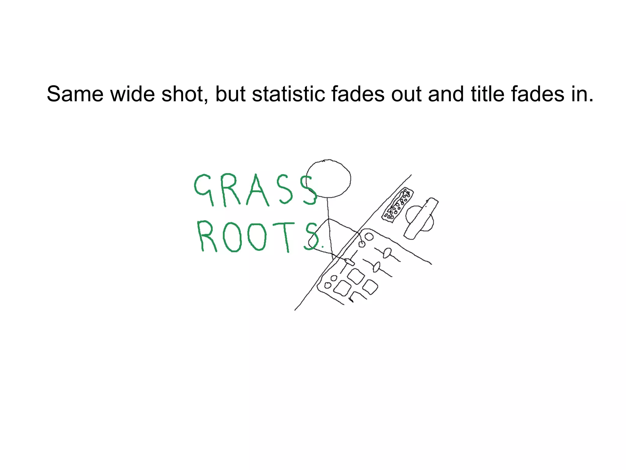 Same wide shot, but statistic fades out and title fades in.
 