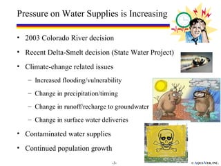 Pressure on Water Supplies is Increasing

• 2003 Colorado River decision
• Recent Delta-Smelt decision (State Water Project)
• Climate-change related issues
   – Increased flooding/vulnerability
   – Change in precipitation/timing
   – Change in runoff/recharge to groundwater
   – Change in surface water deliveries

• Contaminated water supplies
• Continued population growth
                                 -3-                  © AQUI-VER, INC.
 