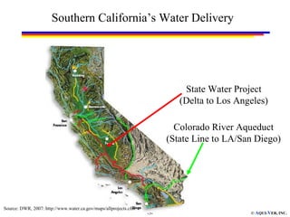 Southern California’s Water Delivery




                                                                            State Water Project
                                                                           (Delta to Los Angeles)

                                                                          Colorado River Aqueduct
                                                                        (State Line to LA/San Diego)




Source: DWR, 2007: http://www.water.ca.gov/maps/allprojects.cfm
                                                                  -5-                       © AQUI-VER, INC.
 
