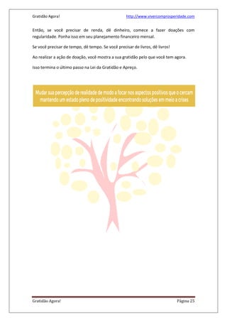 Gratidão Agora! http://www.vivercomprosperidade.com
Gratidão Agora! Página 25
Então, se você precisar de renda, dê dinheiro, comece a fazer doações com
regularidade. Ponha isso em seu planejamento financeiro mensal.
Se você precisar de tempo, dê tempo. Se você precisar de livros, dê livros!
Ao realizar a ação de doação, você mostra a sua gratidão pelo que você tem agora.
Isso termina o último passo na Lei da Gratidão e Apreço.
 
