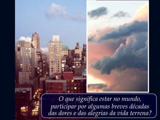 O que significa estar no mundo,
participar por algumas breves décadas
das dores e das alegrias da vida terrena?
 