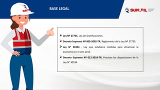 ⮚Ley Nº 27735, Ley de Gratificaciones.
⮚Decreto Supremo Nº 005-2002-TR, Reglamento de la Ley Nº 27735.
⮚Ley N° 30334 , Ley que establece medidas para dinamizar la
economía en el año 2015.
⮚Decreto Supremo Nº 012-2016-TR, Precisan las disposiciones de la
Ley N° 30334.
BASE LEGAL
 