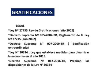 BASE LEGAL
Ley Nº 27735, Ley de Gratificaciones (año 2002)
Decreto Supremo Nº 005-2002-TR, Reglamento de la Ley
Nº 27735 (año 2002)
Decreto Supremo N° 007-2009-TR ( Bonificación
extraordinaria)
Ley N° 30334 , Ley que establece medidas para dinamizar
la economía en el año 2015.
•Decreto Supremo Nº 012-2016-TR, Precisan las
disposiciones de la Ley N° 30334
GRATIFICACIONES
 