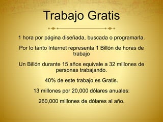 Trabajo Gratis
1 hora por página diseñada, buscada o programarla.
Por lo tanto Internet representa 1 Billón de horas de
trabajo
Un Billón durante 15 años equivale a 32 millones de
personas trabajando.
40% de este trabajo es Gratis.
13 millones por 20,000 dólares anuales:
260,000 millones de dólares al año.
 