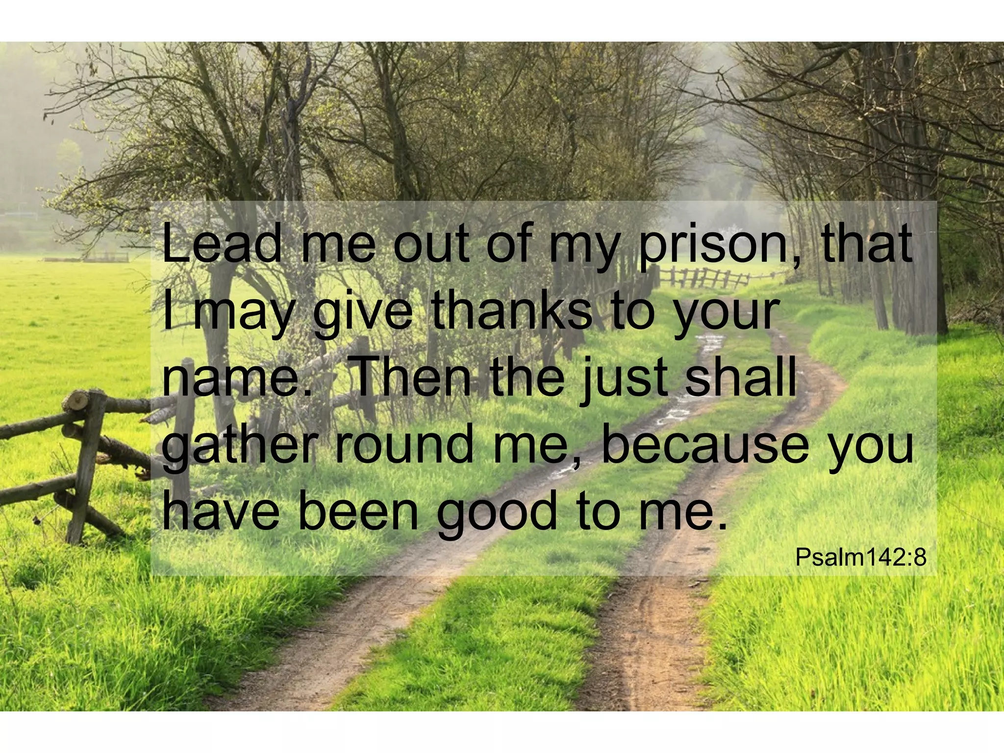 Lead me out of my prison, that
I may give thanks to your
name. Then the just shall
gather round me, because you
have been good to me.
Psalm142:8
 