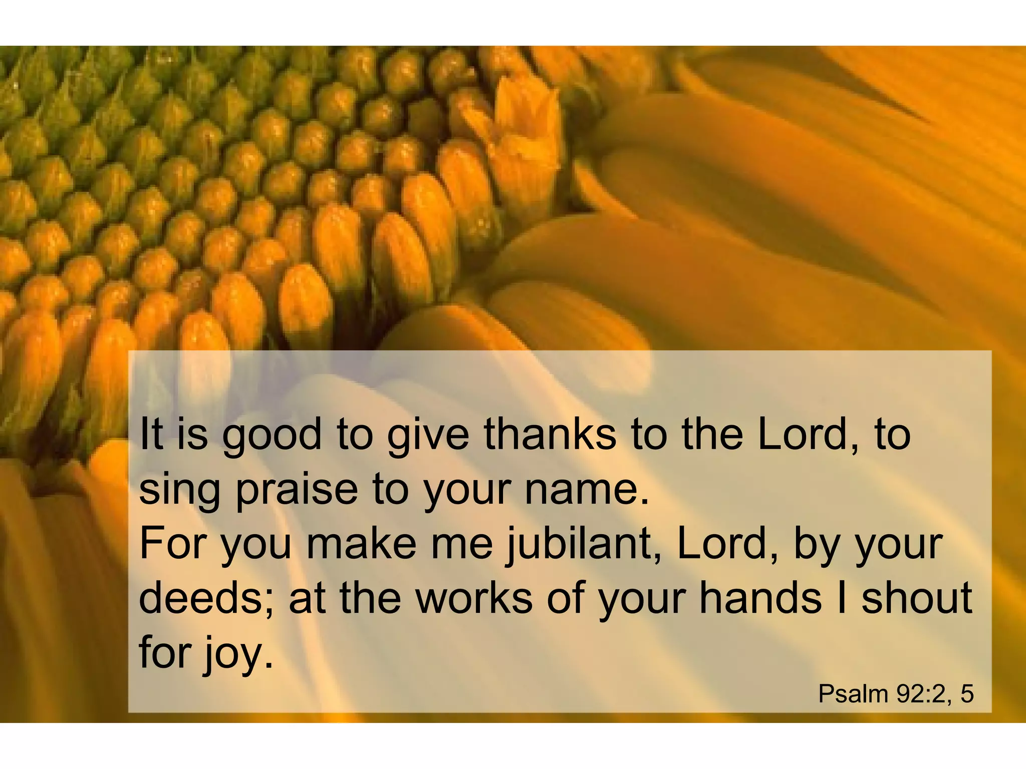 It is good to give thanks to the Lord, to
sing praise to your name.
For you make me jubilant, Lord, by your
deeds; at the works of your hands I shout
for joy.
Psalm 92:2, 5
 