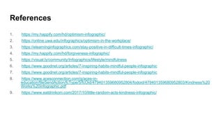 References
1. https://my.happify.com/hd/optimism-infographic/
2. https://online.uwa.edu/infographics/optimism-in-the-workplace/
3. https://elearninginfographics.com/stay-positive-in-difficult-times-infographic/
4. https://my.happify.com/hd/forgiveness-infographic/
5. https://visual.ly/community/Infographics/lifestyle/mindfulness
6. https://www.goodnet.org/articles/7-inspiring-habits-mindful-people-infographic
7. https://www.goodnet.org/articles/7-inspiring-habits-mindful-people-infographic
8. https://www.acesconnection.com/g/aces-in-
education/fileSendAction/fcType/5/fcOid/479401359680952804/fodoid/479401359680952803/Kindness%20
Works%20infographic.pdf
9. https://www.eatdrinkom.com/2017/10/little-random-acts-kindness-infographic/
 