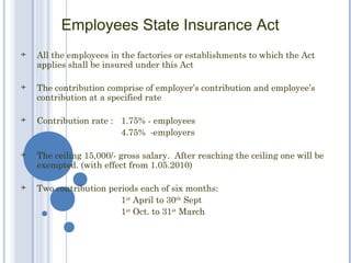 Employees State Insurance Act
   All the employees in the factories or establishments to which the Act
    applies shall be insured under this Act

   The contribution comprise of employer’s contribution and employee’s
    contribution at a specified rate

   Contribution rate : 1.75% - employees
                        4.75% -employers

   The ceiling 15,000/- gross salary. After reaching the ceiling one will be
    exempted. (with effect from 1.05.2010)

   Two contribution periods each of six months:
                        1st April to 30th Sept
                        1st Oct. to 31st March
 