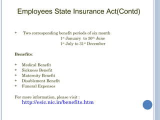 Employees State Insurance Act(Contd)

    Two corresponding benefit periods of six month
                        1st January to 30th June
                        1st July to 31st December

Benefits:

    Medical Benefit
    Sickness Benefit
    Maternity Benefit
    Disablement Benefit
    Funeral Expenses

For more information, please visit :
     http://esic.nic.in/benefits.htm
 