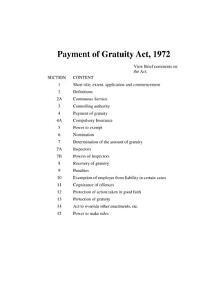 Payment of Gratuity Act, 1972
View Brief comments on
the Act.
SECTION CONTENT
1 Short title, extent, application and commencement
2 Definitions
2A Continuous Service
3 Controlling authority
4 Payment of gratuity
4A Compulsory Insurance
5 Power to exempt
6 Nomination
7 Determination of the amount of gratuity
7A Inspectors
7B Powers of Inspectors
8 Recovery of gratuity
9 Penalties
10 Exemption of employer from liability in certain cases
11 Cognizance of offences
12 Protection of action taken in good faith
13 Protection of gratuity
14 Act to override other enactments, etc.
15 Power to make rules
 
