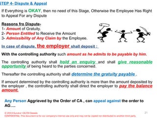 © 2013 Gurukul CA/CS Classes
CONFIDENTIAL: This document is for our company's internal use only and may not be copied nor distributed to another third party.
STEP 4- Dispute & Appeal
If Everything is OKAY, then no need of this Stage, Otherwise the Employee Has Right
to Appeal For any Dispute
Reasons fro Dispute-
1- Amount of Gratuity.
2- Person Entitled to Receive the Amount
3- Admissibility of Any Claim by the Employee.
In case of dispute, the employer shall deposit :-
With the controlling authority such amount as he admits to be payable by him.
The controlling authority shall hold an enquiry and shall give reasonable
opportunity of being heard to the parties concerned.
Thereafter the controlling authority shall determine the gratuity payable .
If amount determined by the controlling authority is more than the amount deposited by
the employer , the controlling authority shall direct the employer to pay the balance
amount.
Any Person Aggrieved by the Order of CA , can appeal against the order to
AG….
21
 