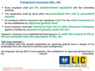 © 2013 Gurukul CA/CS Classes
CONFIDENTIAL: This document is for our company's internal use only and may not be copied nor distributed to another third party.
Compulsory Insurance (Sec. 4A)
 Every employer shall get his establishment registered with the controlling
authority.
 The registration shall be done within the prescribed time and in prescribed
manner.
 An employer shall be required to be registered only if he has taken insurance or
he has established an approved gratuity fund.
 Every employer shall take insurance from LIC or other Insurance Company
against is liability for payment of gratuity under the Act.
•However, employer of an establishment belonging to or under the control of CG or
SG are exempted from the operations of Sec. 4A.
•AG may exempt :-
•An employer who has already established an approved gratuity fund in respect of his
employees and who desires to continue such arrangement.
•An employer having 500 or more persons, who establishes an approved gratuity fund in
the manner prescribed.
25
 