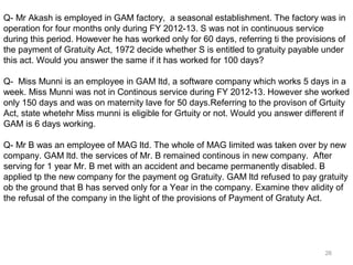 Q- Mr Akash is employed in GAM factory, a seasonal establishment. The factory was in
operation for four months only during FY 2012-13. S was not in continuous service
during this period. However he has worked only for 60 days, referring ti the provisions of
the payment of Gratuity Act, 1972 decide whether S is entitled to gratuity payable under
this act. Would you answer the same if it has worked for 100 days?
Q- Miss Munni is an employee in GAM ltd, a software company which works 5 days in a
week. Miss Munni was not in Continous service during FY 2012-13. However she worked
only 150 days and was on maternity lave for 50 days.Referring to the provison of Grtuity
Act, state whetehr Miss munni is eligible for Grtuity or not. Would you answer different if
GAM is 6 days working.
Q- Mr B was an employee of MAG ltd. The whole of MAG limited was taken over by new
company. GAM ltd. the services of Mr. B remained continous in new company. After
serving for 1 year Mr. B met with an accident and became permanently disabled. B
applied tp the new company for the payment og Gratuity. GAM ltd refused to pay gratuity
ob the ground that B has served only for a Year in the company. Examine thev alidity of
the refusal of the company in the light of the provisions of Payment of Gratuty Act.
26
 