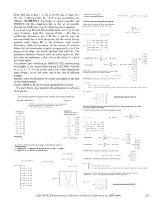 ELECTRE due to Roy [11, 12] or A.H.P. due to Saaty [15,
16, 17]. Following Ref. [4, 13, 14] two possibilities are
offered, PROMETHEE I provides a partial preorder and
PROMETHEE II a total preorder on the set of possible
alternatives. Different types of criteria have been adopted.
Type I and Type III with different threshold (m). Type I is the
usual Criterion. With this criterion if f(a) = f(b) this is
indifference between a and b. If this is not the case the
decision-maker has a strict preference for the action having
greatest value. Type III is the Criterion with Linear
Preference. Such an extension of the notion of criterion
allows the decision-maker to prefer progressively a to b for
progressively larger deviations between f(a) and f(b). The
preference increases linearly until deviation equals m, after
this value the preference is strict. For m the values 2, 4 and 6
have been taken.
The authors have modified the PROMETHEE method using
the weights of the criteria following the ELECTRE I Method
[6, 1, 2, 3, 7, 8, 9, 10]. In the case I have been adopted the
same weights for all sub zones and in the case II different
weights
Besides, some modifications have been considered in the data
of the initial matrixes.
Finally, MathCad has been used to program the calculus.
We show below, like example, the application to sub zone
"La Estrella".
EROSION AND DESERTIFICATION INTEGRAL CONTROL PLAN USING PROMETHEE
1( )SUB ZONE LA ESTRELLA ORIGIN 1
CRITERION: 1.-water erosion index 2.- eolian erosion index, 3.- Implementation
facility 4.-Water Resources, 5.- Economical Benefits, 6.- Hand power,
7.-Environmental Impacts, 8.- Social Acceptance
Indice Isubj:
más es mejor Isubj = 1
más es peor Isubj = -1
alternatives i
1 2 3 4 5
t
7
6
1
8
5
2
8
6
7
6
5
4
5
9
6
5
3
3
6
4
8
9
3
9
2
2
6
4
5
6
5
6
3
2
8
5
8
6
4
8
W
0.20
0.15
0.15
0.10
0.10
0.10
0.10
0.10
I
1
1
1
1
1
1
1
1
Alternatives:
i = 1 ....5 . with x >= 0, if not with |x|
A- functions of criterion-parameter and type elected for each criterion j:
following Ref. [4]
j = 1 type III, m=2, j = 2 type III, m=4, j=3 type III, m=4, j=4 type I j = 5 type I ,
j = 6 type III, m=6 , j=7 type III,m=6 j=8 type III, m=2
p1 x( ) if x 2
x
2
, 1,
p2 x( ) if x 4
x
4
, 1,
p4 x( ) if x 0 0, 1,( )
p3 x( ) if x 6
x
6
, 1,
p j x,( ) y x
z p1 y( ) j 1if
z p2 y( ) j 2if
z p2 y( ) j 3if
z p4 y( ) j 4if
z p4 y( ) j 5if
z p3 y( ) j 6if
z p3 y( ) j 7if
z p1 y( ) j 8if
z
x 8 7.9, 8..
10 5 0 5 10
0
0.5
1
p 2 x,( )
x
With this outranking graph,
functión of preference adopted:
P i ii, j,( ) if Ij
tj i,
tj ii,
. 0 0, p j tj i,
tj ii,
,,
A.- Results following initial methods of Ref [4]:
Índixes q(i,ii) of preferences (π(i,ii) Brans&Vincke),
giving outranking graphs according with values:
q i ii,( )
1
8
j
P i ii, j,( )
=
8
i 1 5.. ii 1 5.. qqi ii,
q i ii,( )
qq
0
0.25
0.5
0.208
0.458
0.229
0
0.281
0.094
0.469
0.448
0.281
0
0.042
0.208
0.438
0.333
0.406
0
0.5
0.458
0.354
0.156
0.021
0
=
Outgoing flow: fp i( )
1
5
ii
q i ii,( )
=
fppi
fp i( )
fpp
1.573
1.219
1.344
0.365
1.635
=
fm i( )
1
5
ii
q ii i,( )
=
fmmi
fm i( ) fmm
1.417
1.073
0.979
1.677
0.99
=
Incoming flow:
PROMETHEE II (clasification of alternatives by Total Preorder,
Each alternative obtain one value(more is better):
fd i( ) fp i( ) fm i( ) fddi
fd i( ) fdd
0.156
0.146
0.365
1.313
0.646
=
PROMETHEE I (clasification of alternatives by Partial Preorden):
pr i ii,( ) z 1
z 0 fp i( ) fp ii( )( ) fm i( ) fm ii( )( ).if
z 1 fp i( ) fp ii( )>( ) fm i( ) fm ii( )<( ).( ) fp i( ) fp ii( )>( ) fm i( ) fm ii( )( ).( ) fp i( ) fp ii( )( ) fm i( ) fm ii( )<( ).( )if
prri ii,
pr i ii,( )
Alternative E is preferred (E C A B D).
prr
1
1
1
1
1
1
1
1
1
1
1
1
1
1
1
1
1
1
1
1
1
1
1
1
1
=
B Results following the method modified by Ref [6] in order to weigh comparativment the criteria
with similar weights to ELECTRE-I:
q Preference Index (π Ref. [4]), gives outranking graph by values:
q i ii,( )
1
8
j
P i ii, j,( ) Wj
.
=
qqi ii,
q i ii,( ) 5.
i 1 5.. ii 1 5..
qq
0
1.25
2.25
1.083
2.083
0.917
0
1.188
0.438
2.063
2.479
1.813
0
0.167
0.958
2.5
2.083
1.938
0
2.375
2.583
2.167
0.688
0.083
0
=
:Outgoing flow: fp i( )
1
5
ii
q i ii,( )
=
fppi
fp i( )
fpp
1.696
1.463
1.213
0.354
1.496
=
Incoming flow: fm i( )
1
5
ii
q ii i,( )
=
fmmi
fm i( ) fmm
1.333
0.921
1.083
1.779
1.104
=
PROMETHEE II (clasification of alternatives by Total Preorder)
fd i( ) fp i( ) fm i( ) fddi
fd i( ) fdd
0.363
0.542
0.129
1.425
0.392
=
PROMETHEE I (clasification of alternatives by Partial Preorden):
pr i ii,( ) z 1
z 0 fp i( ) fp ii( )( ) fm i( ) fm ii( )( ).if
z 1 fp i( ) fp ii( )>( ) fm i( ) fm ii( )<( ).( ) fp i( ) fp ii( )>( ) fm i( ) fm ii( )( ).( ) fp i( ) fp ii( )( ) fm i( ) fm ii( )<( ).( )if
where, pr(i,ii) = 1 tell us that alternative i is preference (outranks) to alternative j, pr(i,ii) = 0 is
indifference, y pr(i,ii) = -1 are incomparable, that may be obtained by pr(ii,i) .
prri ii,
pr i ii,( )
prr
1
1
1
1
1
1
1
1
1
1
1
1
1
1
1
1
1
1
1
1
1
1
1
1
1
= Alternative B is preferred (B E A C D).
2009 7th IEEE International Conference on Industrial Informatics (INDIN 2009) 517
 
