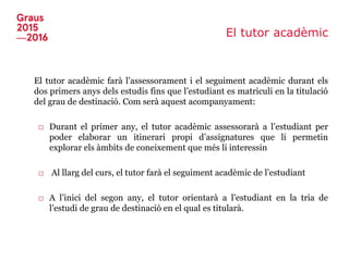El tutor acadèmic
• El tutor acadèmic farà l’assessorament i el seguiment acadèmic durant els
dos primers anys dels estudis fins que l’estudiant es matriculi en la titulació
del grau de destinació. Com serà aquest acompanyament:
□ Durant el primer any, el tutor acadèmic assessorarà a l’estudiant per
poder elaborar un itinerari propi d’assignatures que li permetin
explorar els àmbits de coneixement que més li interessin
□ Al llarg del curs, el tutor farà el seguiment acadèmic de l’estudiant
□ A l’inici del segon any, el tutor orientarà a l’estudiant en la tria de
l’estudi de grau de destinació en el qual es titularà.
 